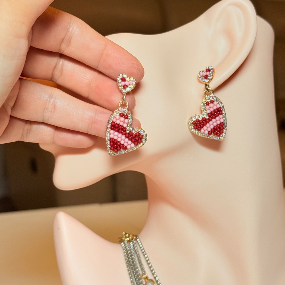 Red Beaded Heart Drop Earrings - Women Jewelry - Picture 8 of 11